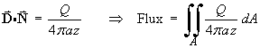 D dot N  =  Q / (4 pi a z)
==>  Flux  =  Integral {Q / (4 pi a z)} dA
