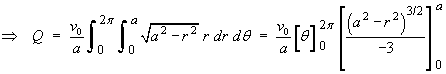 Q = v0 / a * Int Int sqrt{a^2 - r^2} r dr d_theta
