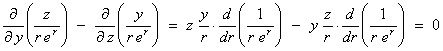 (d/dy)(z/(re^r)) - (d/dz)(y/(re^r)) =
         zy/r (d/dr)(1/(re^r)) - yz/r (d/dr)(1/(re^r)) = 0
