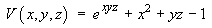V  =  e^(xyz) + x^2 + yz - 1
