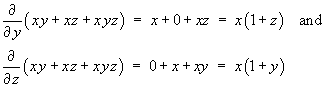 df/dy = x+xz & df/dz = x+xy