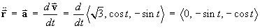 acceleration vector = < 0, -sin t, -cos t >