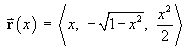 r(t)  =  < x, -sqrt{1 - x^2}, x^2 / 2 >