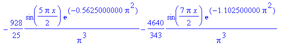 f(x) := -4640/Pi^3*sin(1/2*Pi*x)*exp(-.2250000000e-1*Pi^2)-4640/27*1/Pi^3*sin(3/2*Pi*x)*exp(-.2025000000*Pi^2)-928/25*1/Pi^3*sin(5/2*Pi*x)*exp(-.5625000000*Pi^2)-4640/343*1/Pi^3*sin(7/2*Pi*x)*exp(-1.10...