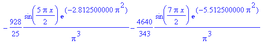 f(x) := -4640/Pi^3*sin(1/2*Pi*x)*exp(-.1125000000*Pi^2)-4640/27*1/Pi^3*sin(3/2*Pi*x)*exp(-1.012500000*Pi^2)-928/25*1/Pi^3*sin(5/2*Pi*x)*exp(-2.812500000*Pi^2)-4640/343*1/Pi^3*sin(7/2*Pi*x)*exp(-5.51250...