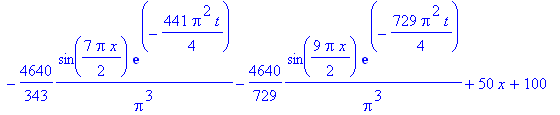 u(x,t) := -4640/Pi^3*sin(1/2*Pi*x)*exp(-9/4*Pi^2*t)-4640/27*1/Pi^3*sin(3/2*Pi*x)*exp(-81/4*Pi^2*t)-928/25*1/Pi^3*sin(5/2*Pi*x)*exp(-225/4*Pi^2*t)-4640/343*1/Pi^3*sin(7/2*Pi*x)*exp(-441/4*Pi^2*t)-4640/7...
