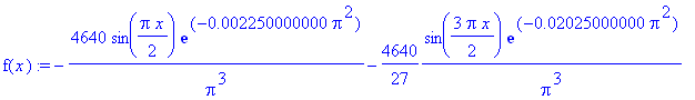 f(x) := -4640/Pi^3*sin(1/2*Pi*x)*exp(-.2250000000e-2*Pi^2)-4640/27*1/Pi^3*sin(3/2*Pi*x)*exp(-.2025000000e-1*Pi^2)-928/25*1/Pi^3*sin(5/2*Pi*x)*exp(-.5625000000e-1*Pi^2)-4640/343*1/Pi^3*sin(7/2*Pi*x)*exp...