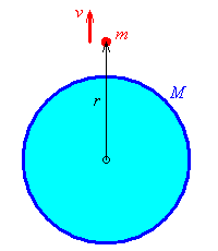 [test particle m a distance r from the centre of M,
   travelling away at speed v]